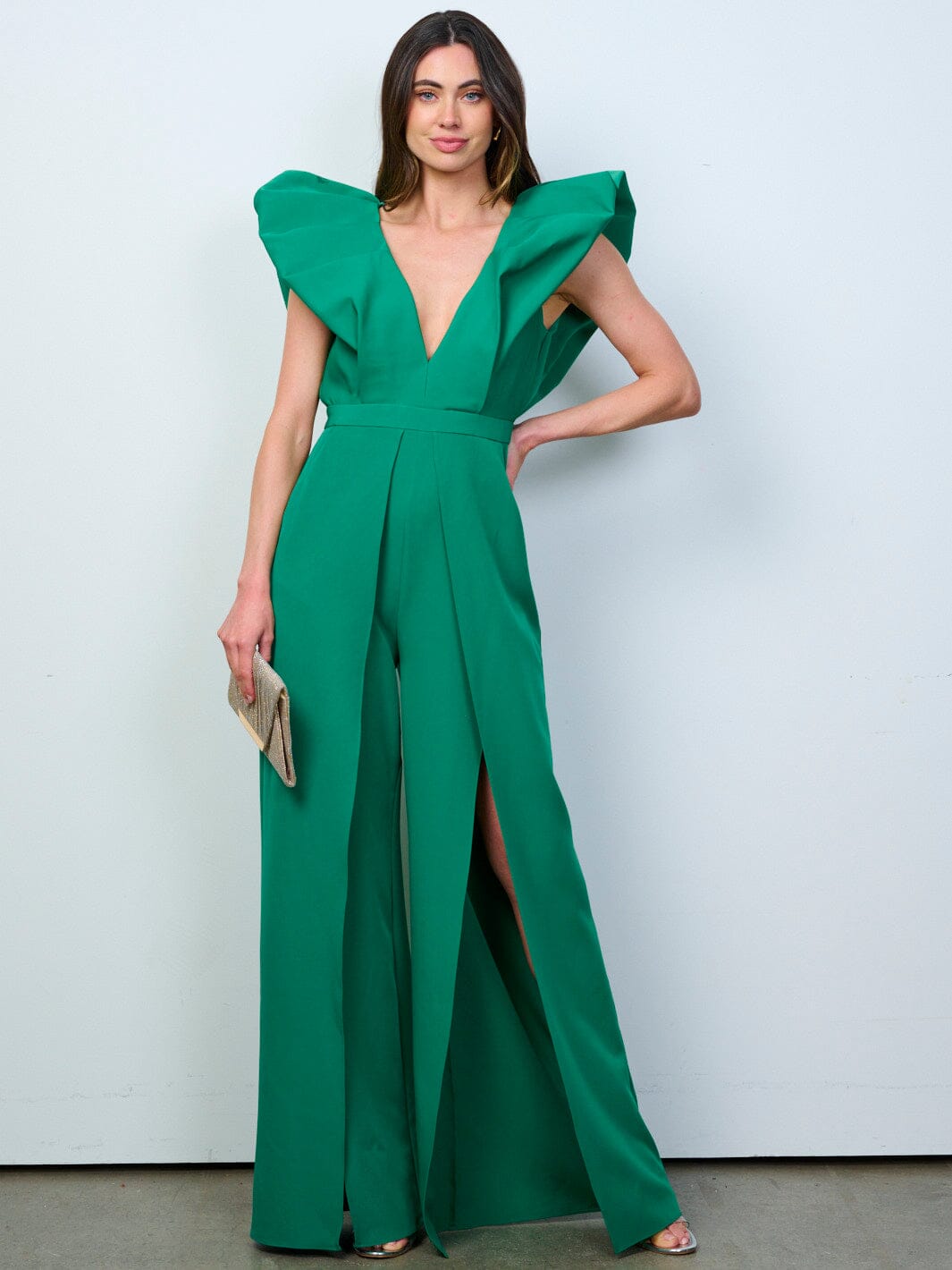 WOMEN'S RUFFLE SLEEVES V-NECK FRONT SLIT OPEN BACK WIDE LEG JUMPSUIT