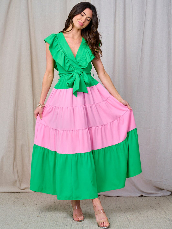 WOMEN'S RUFFLE SLEEVE V-NECK TIERED COLORBLOCK MAXI DRESS