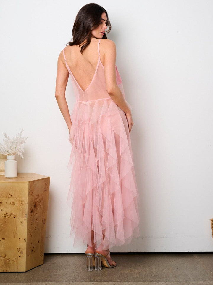 WOMEN'S SLEEVELESS RUFFLE MESH DETAILED MAXI DRESS