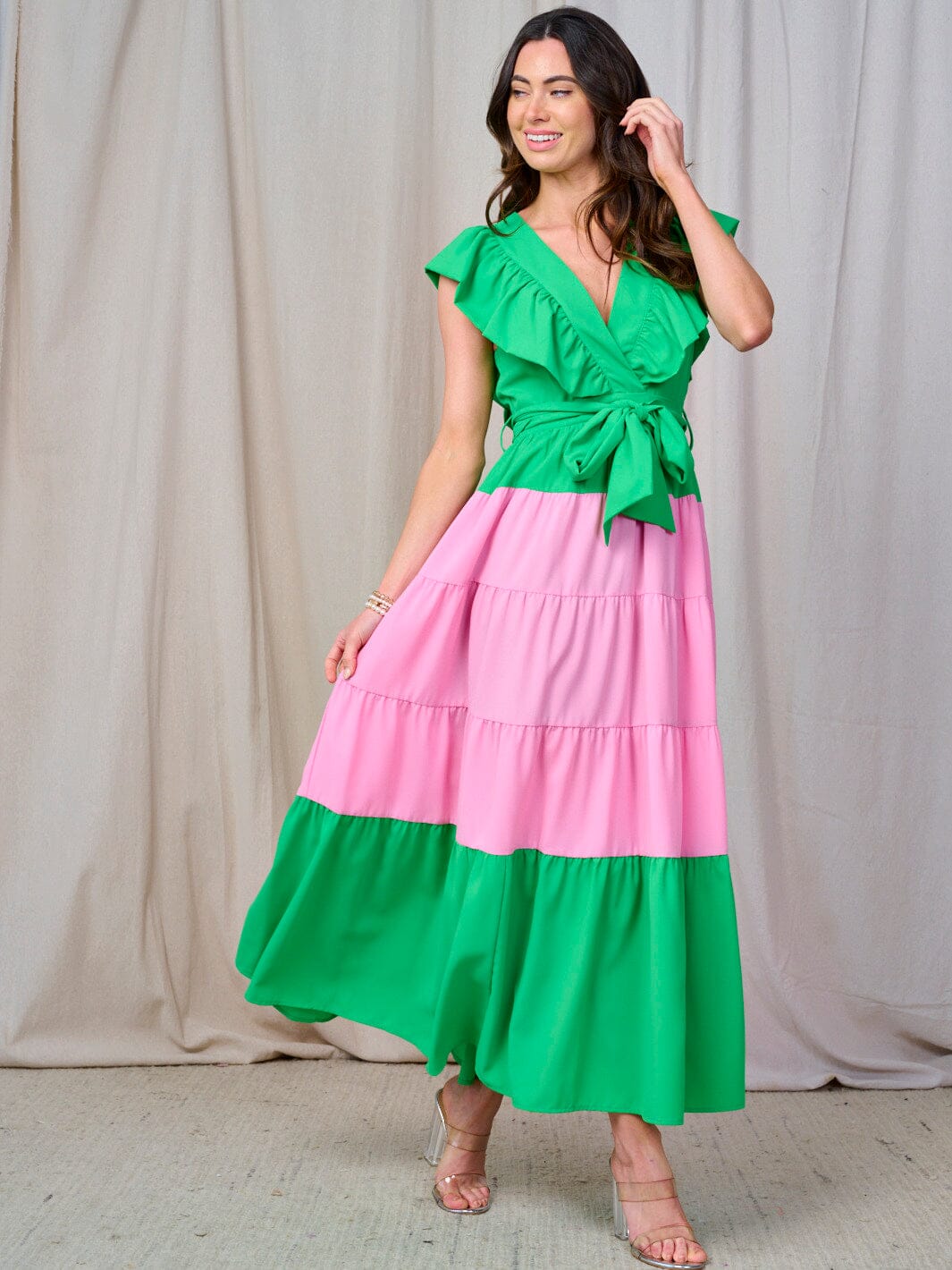 WOMEN'S RUFFLE SLEEVE V-NECK TIERED COLORBLOCK MAXI DRESS