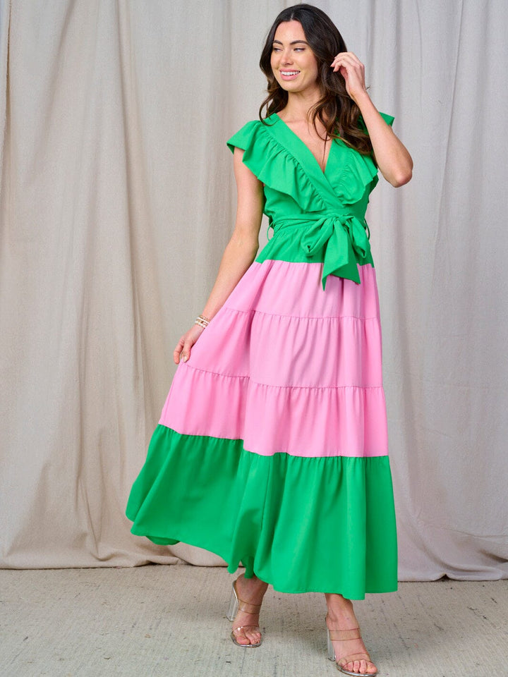 WOMEN'S RUFFLE SLEEVE V-NECK TIERED COLORBLOCK MAXI DRESS