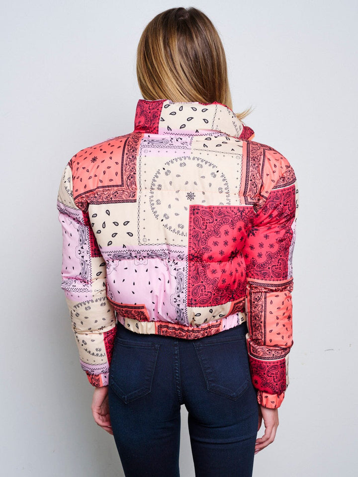 WOMEN'S LONG SLEEVE ZIP UP FRONT POCKETS PUFFER MULTI PRINT JACKET