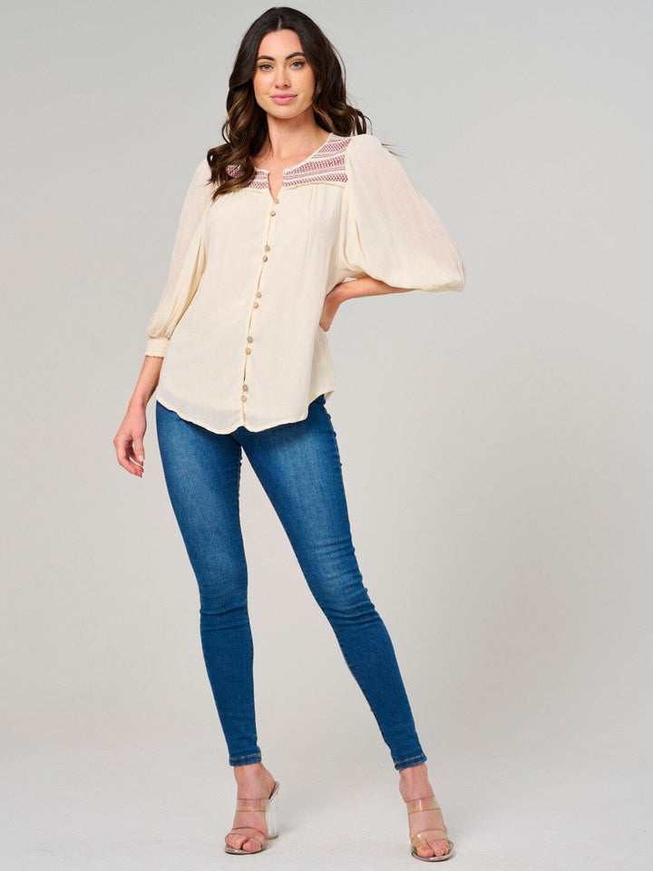 WOMEN'S 3/4 PUFF SLEEVE BUTTON CLOSURE DETAILED BLOUSE