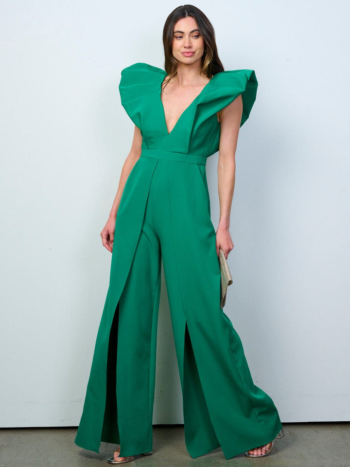 WOMEN'S RUFFLE SLEEVES V-NECK FRONT SLIT OPEN BACK WIDE LEG JUMPSUIT