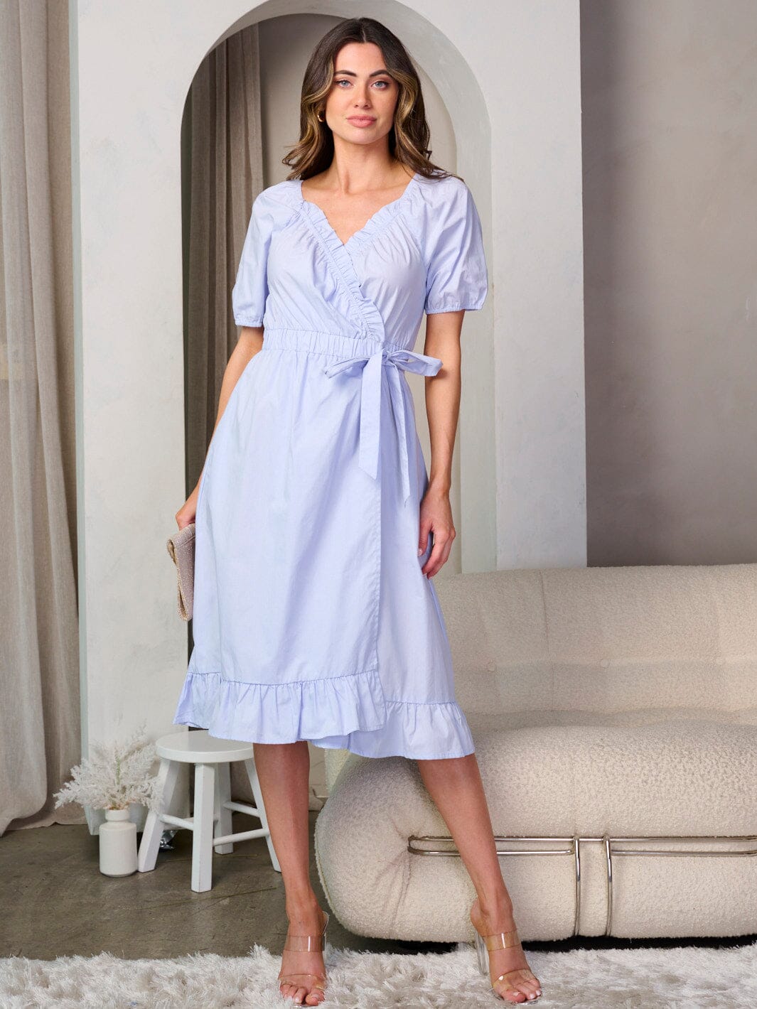WOMEN'S SHORT SLEEVE SELF TIE RUFFLE WRAP MIDI DRESS