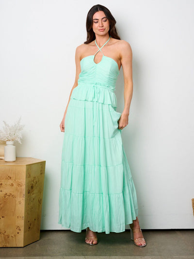 WOMEN'S SLEEVELESS HALTER NECK RUFFLE TIERED MAXI DRESS