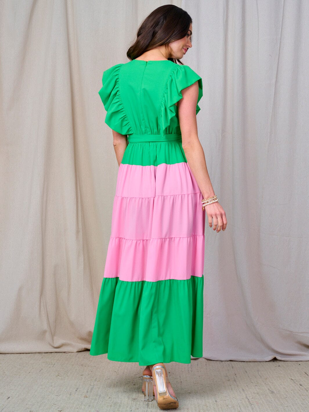 WOMEN'S RUFFLE SLEEVE V-NECK TIERED COLORBLOCK MAXI DRESS