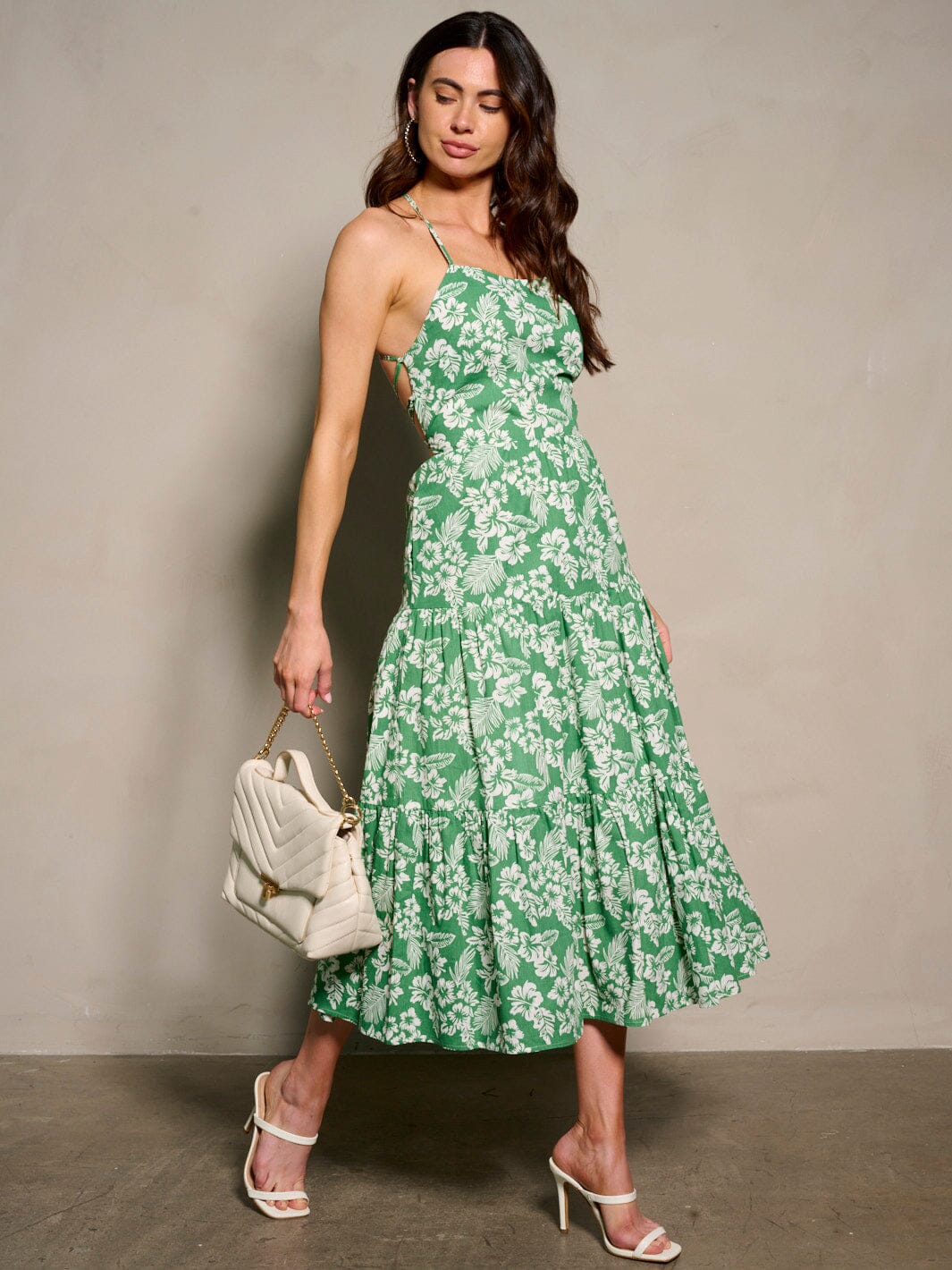 WOMEN'S SLEEVELESS V-NECK OPEN BACK FLORAL PRINT MAXI DRESS