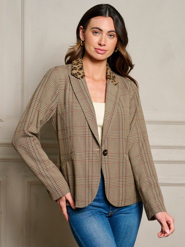 WOMEN'S LONG SLEEVE POCKETS BUTTON CLOSURE PLAID BLAZER