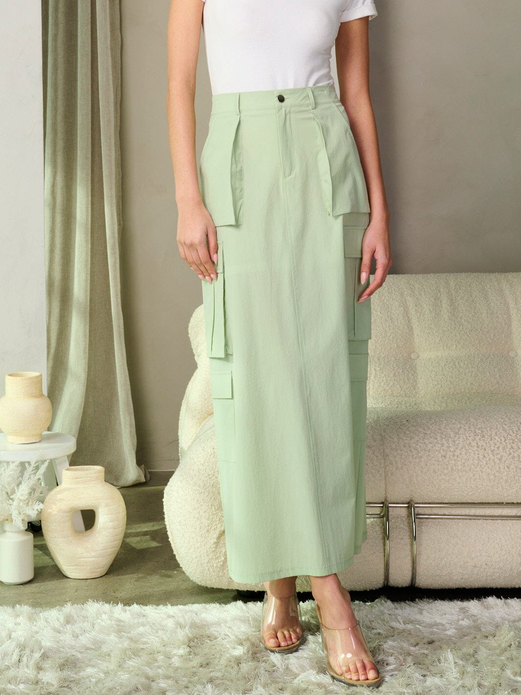 WOMEN'S BUTTON CLOSURE CARGO POCKETS MAXI SKIRT
