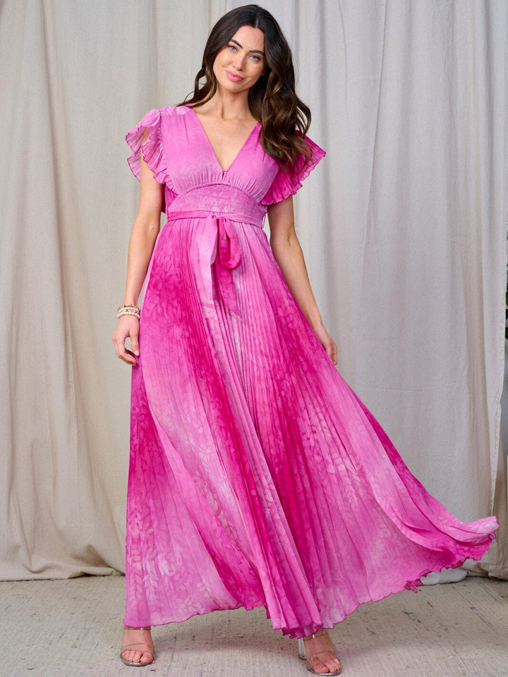 WOMEN'S SHORT SLEEVE V-NECK SMOCK PLEATED TIE DYE MAXI DRESS