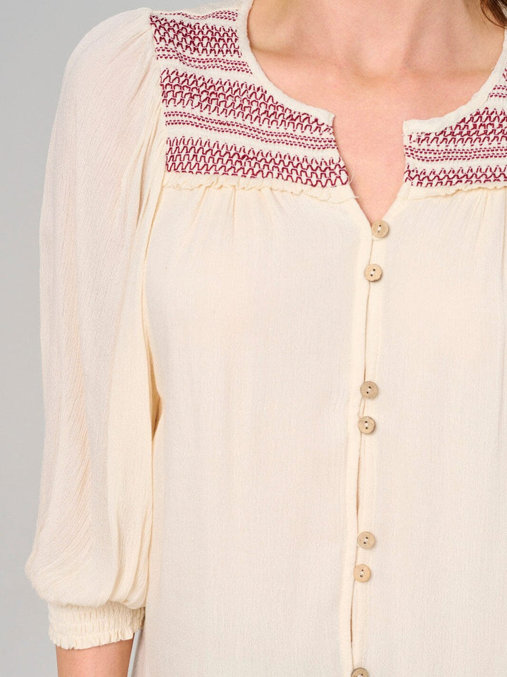 WOMEN'S 3/4 PUFF SLEEVE BUTTON CLOSURE DETAILED BLOUSE