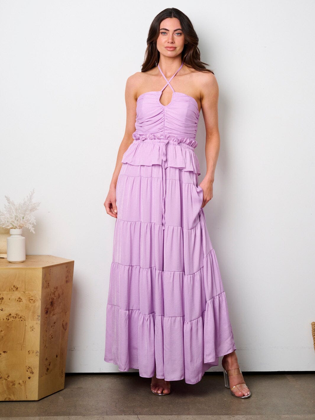 WOMEN'S SLEEVELESS HALTER NECK RUFFLE TIERED MAXI DRESS