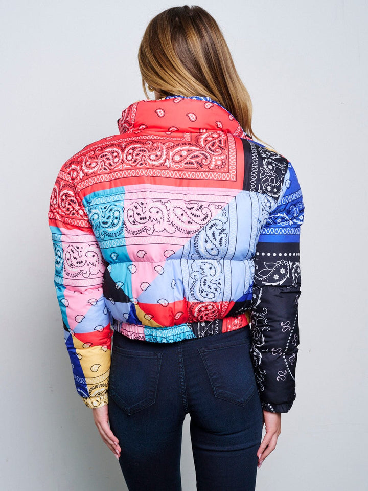 WOMEN'S LONG SLEEVE ZIP UP FRONT POCKETS PUFFER MULTI PRINT JACKET