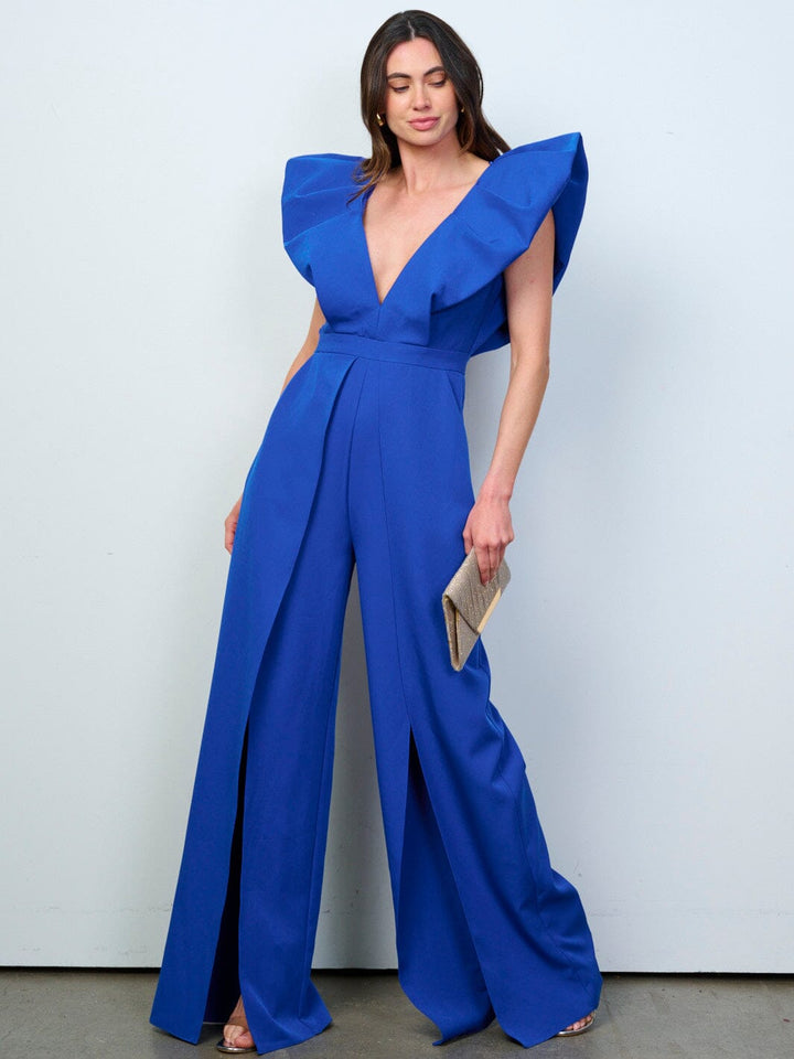 WOMEN'S RUFFLE SLEEVES V-NECK FRONT SLIT OPEN BACK WIDE LEG JUMPSUIT