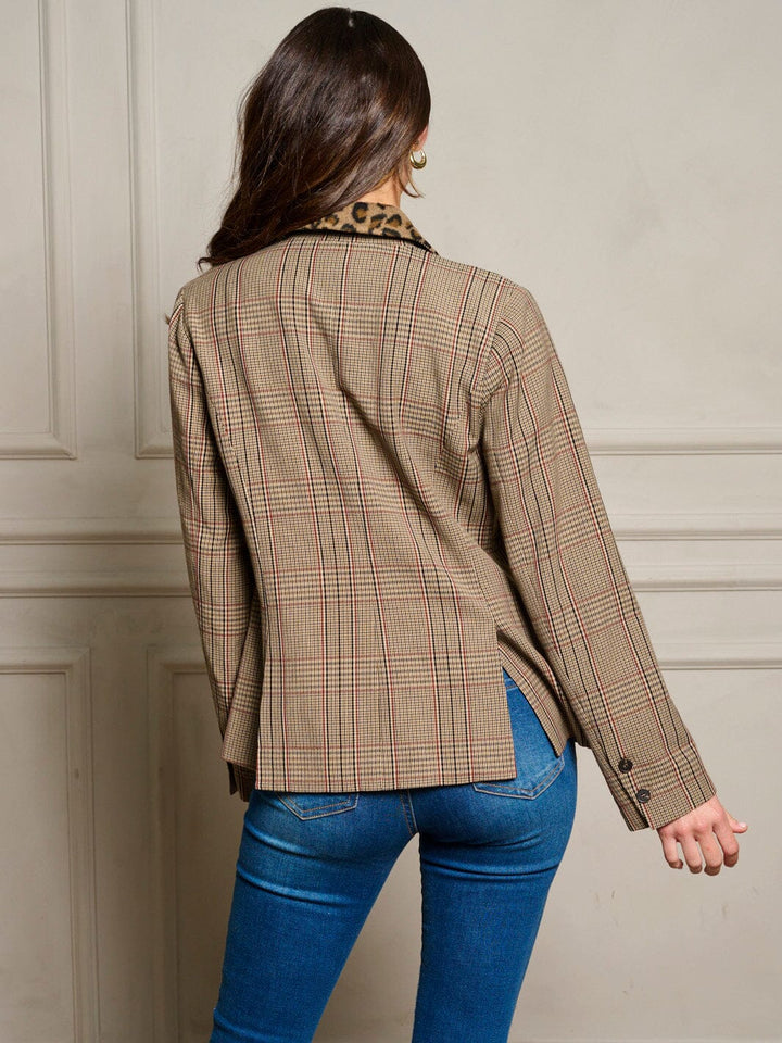 WOMEN'S LONG SLEEVE POCKETS BUTTON CLOSURE PLAID BLAZER