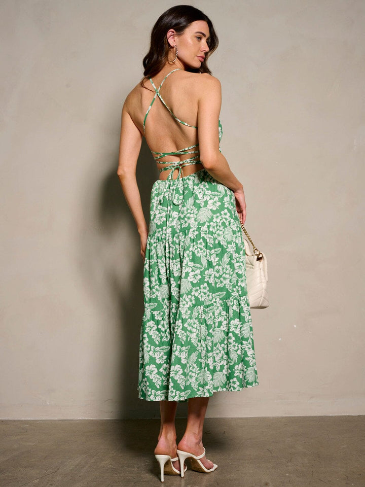 WOMEN'S SLEEVELESS V-NECK OPEN BACK FLORAL PRINT MAXI DRESS
