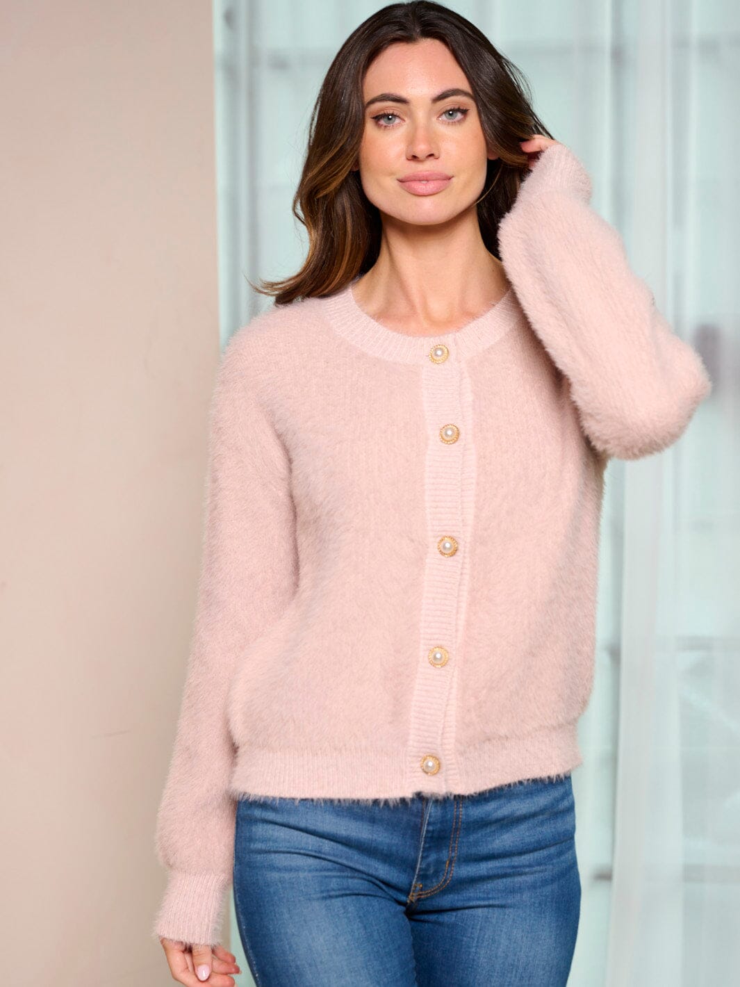 WOMEN'S LONG SLEEVE BUTTON UP FUZZY SWEATER CARDIGAN