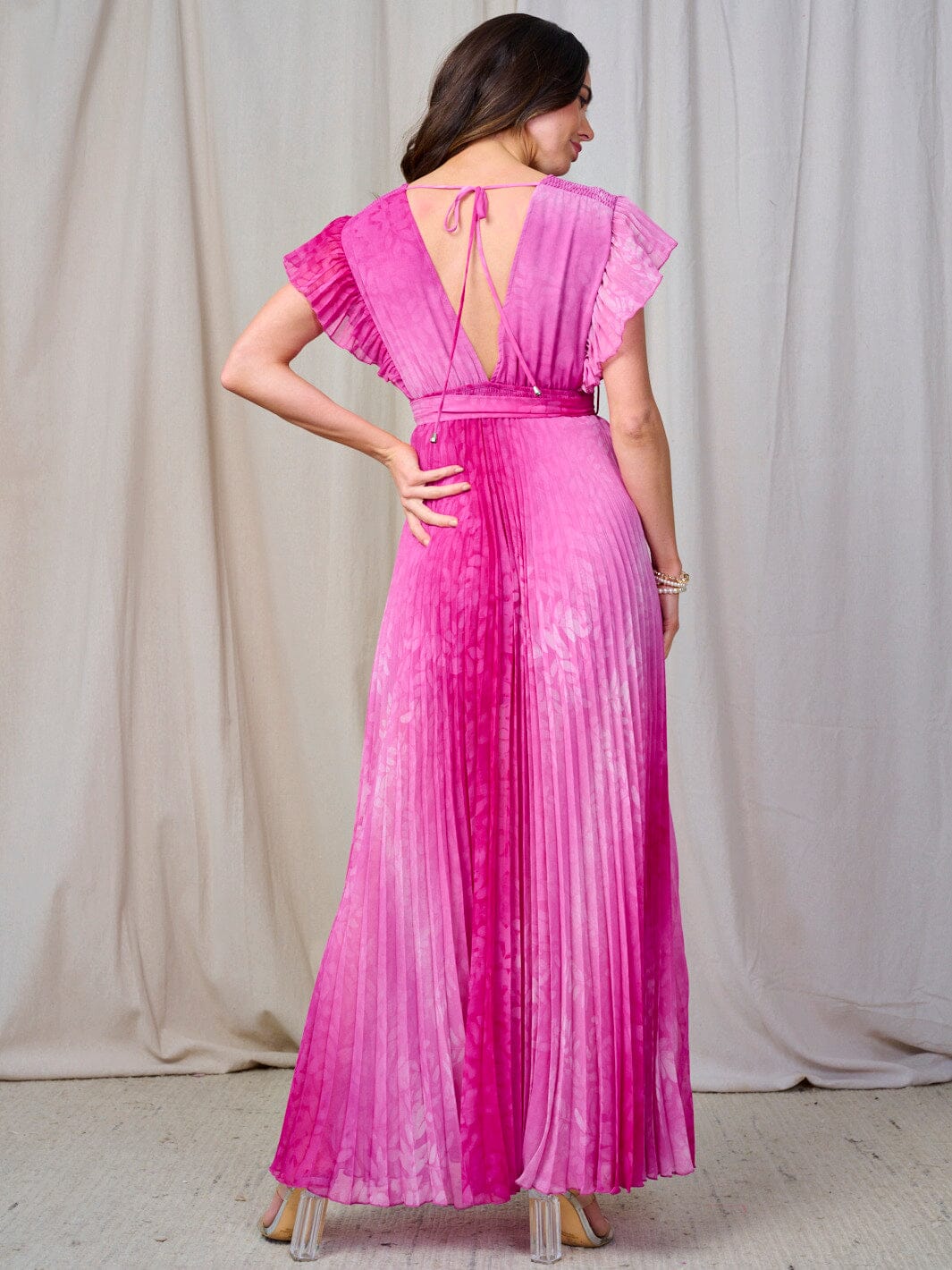 WOMEN'S SHORT SLEEVE V-NECK SMOCK PLEATED TIE DYE MAXI DRESS