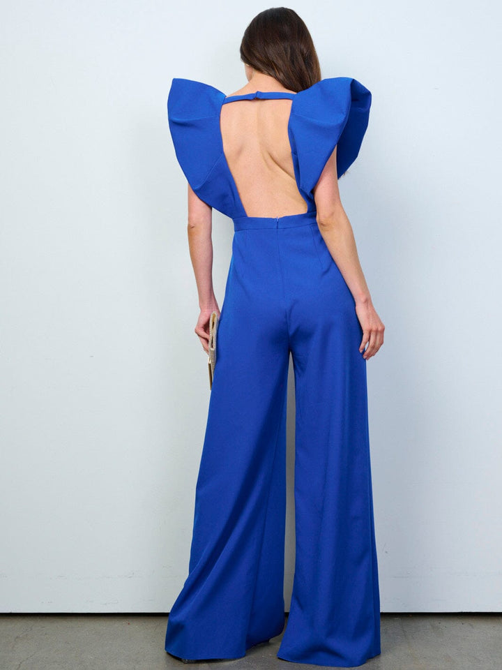 WOMEN'S RUFFLE SLEEVES V-NECK FRONT SLIT OPEN BACK WIDE LEG JUMPSUIT