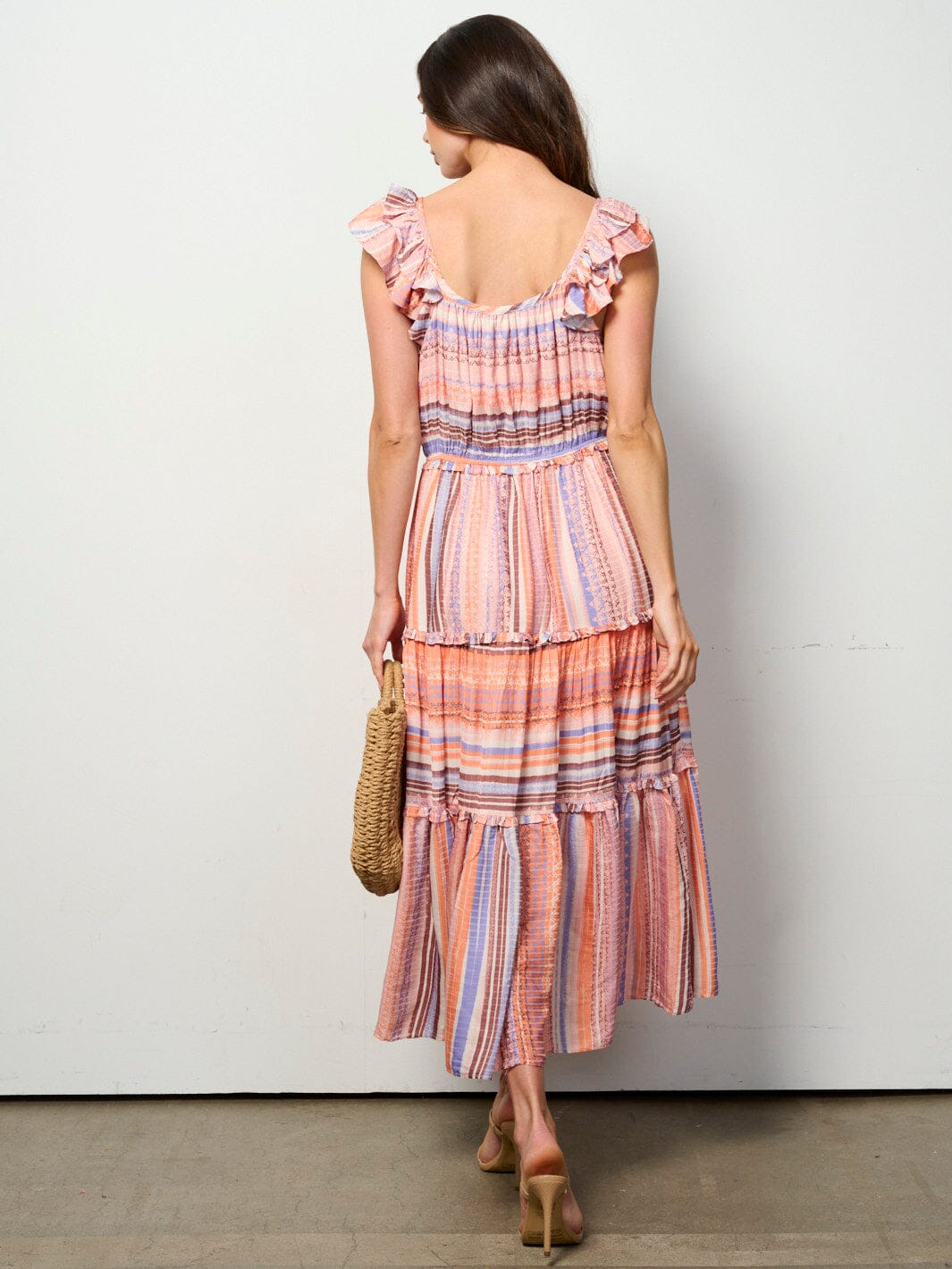 WOMEN'S SLEEVELESS ELASTIC WAIST MULTI STRIPES MAXI DRESS