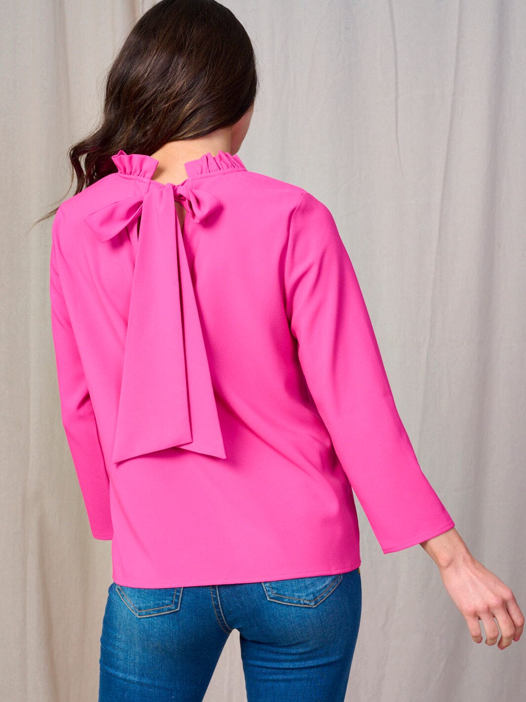 WOMEN'S LONG SLEEVE MOCK NECK BACK TIE BLOUSE