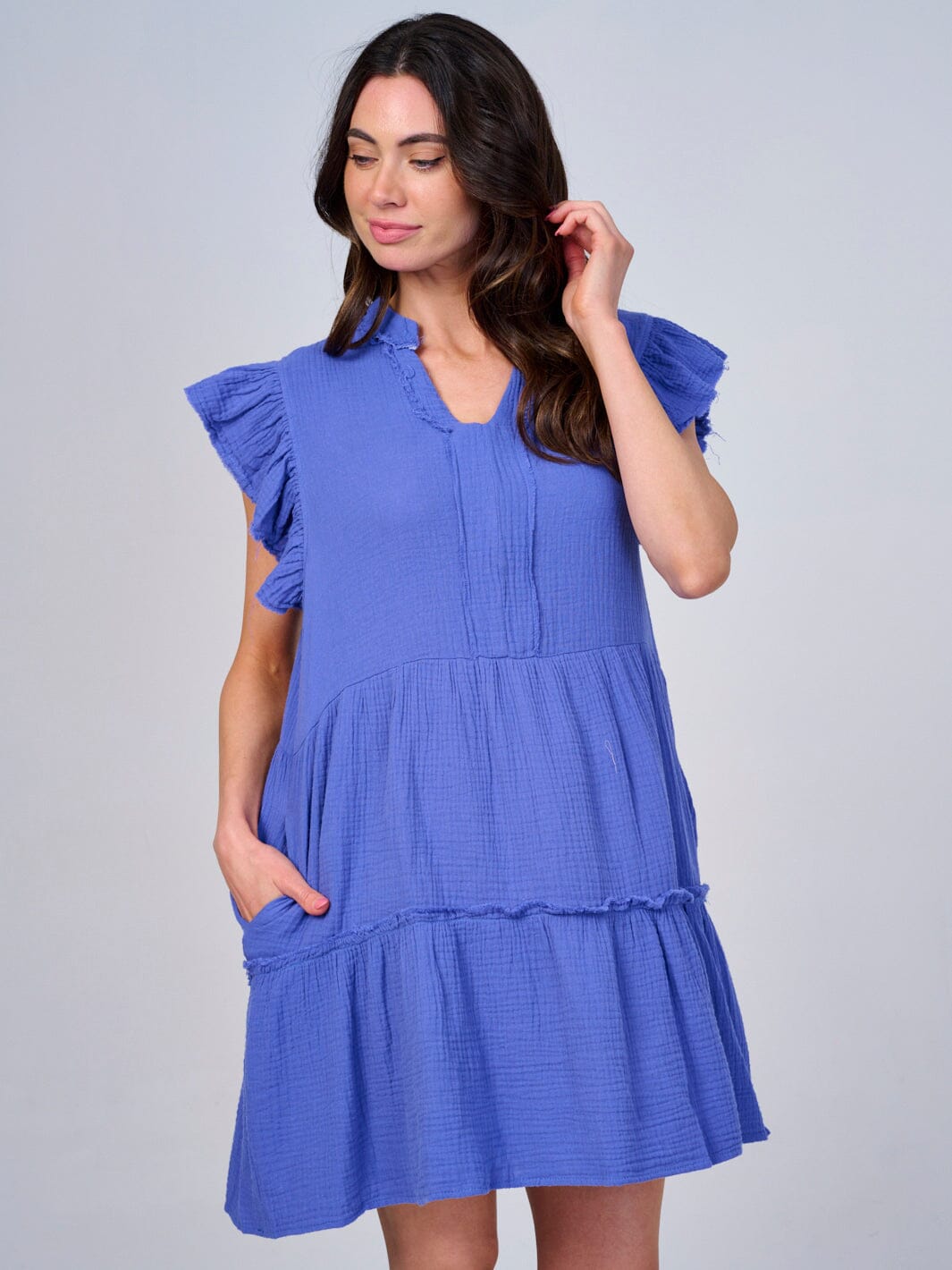 WOMEN'S RUFFLE SLEEVE V-NECK FRONT POCKETS MINI DRESS