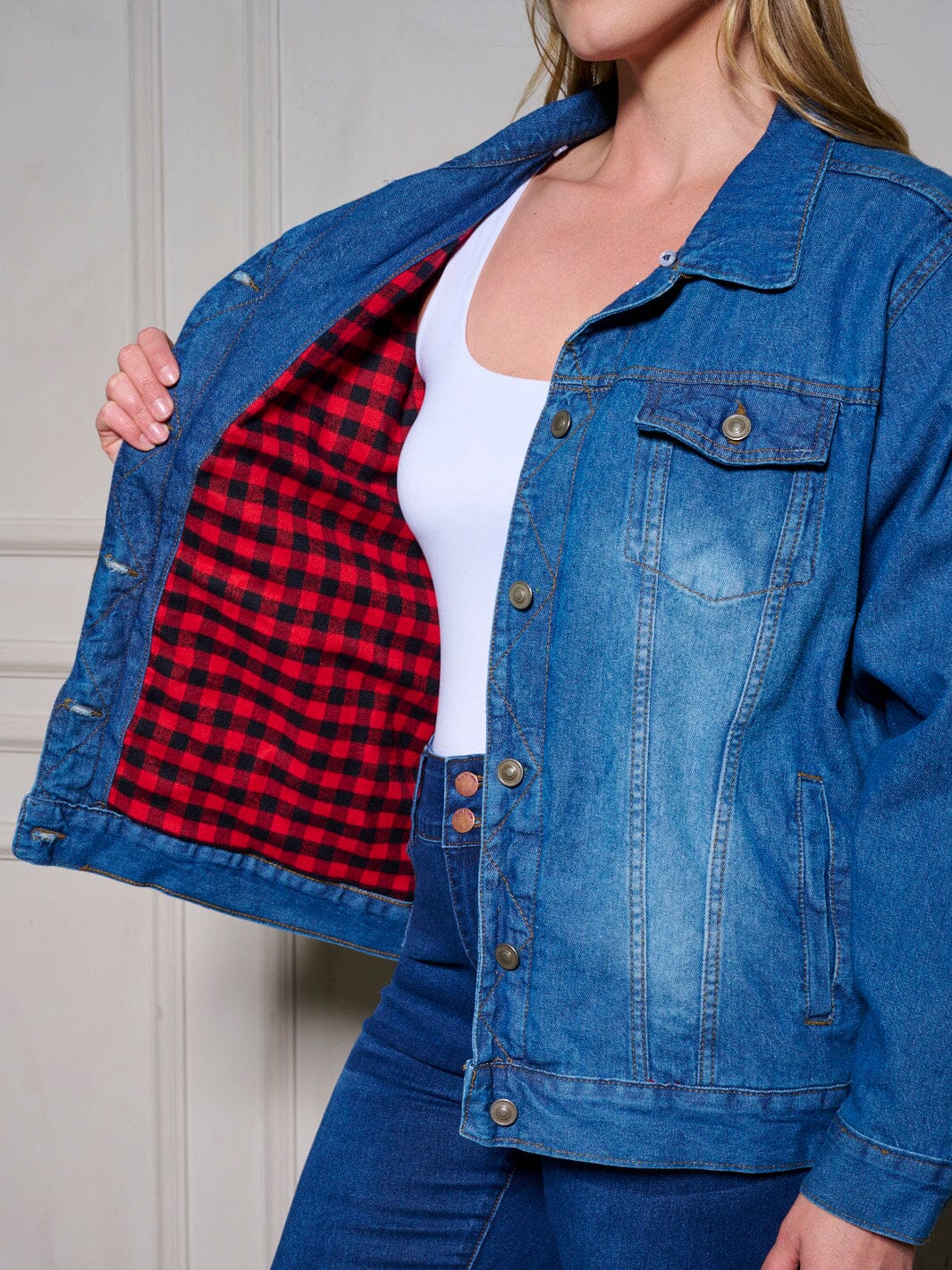 PLUS SIZE LONG SLEEVE PLAID DENIM JACKET