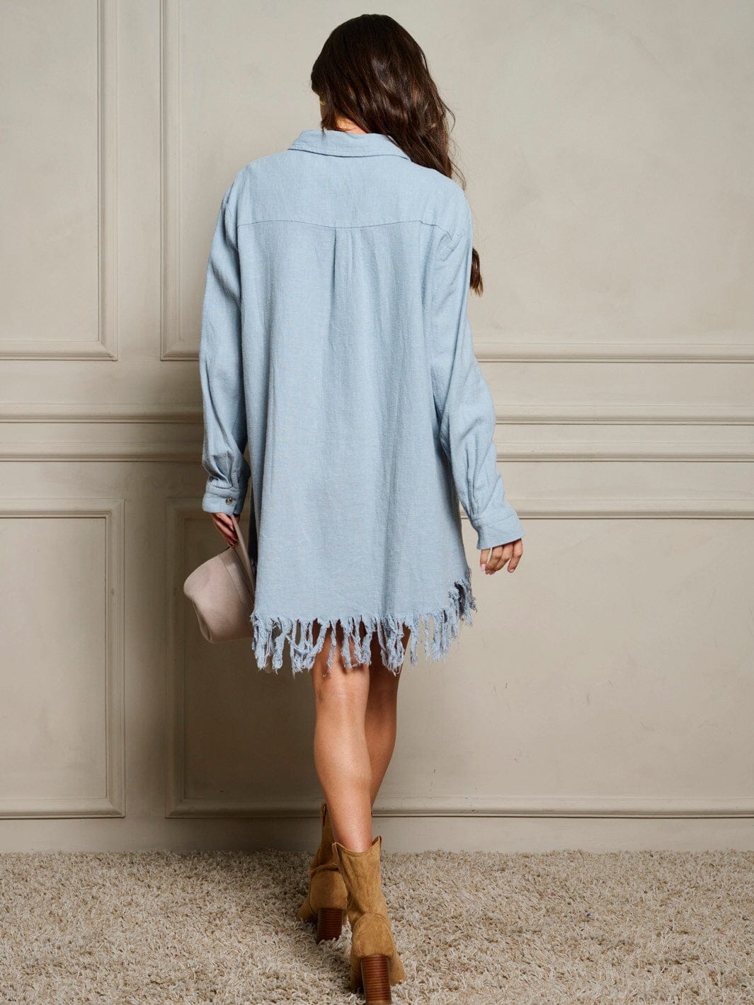 WOMEN'S LONG SLEEVE BUTTON UP FRONT POCKET TASSEL TRIM MINI DRESS
