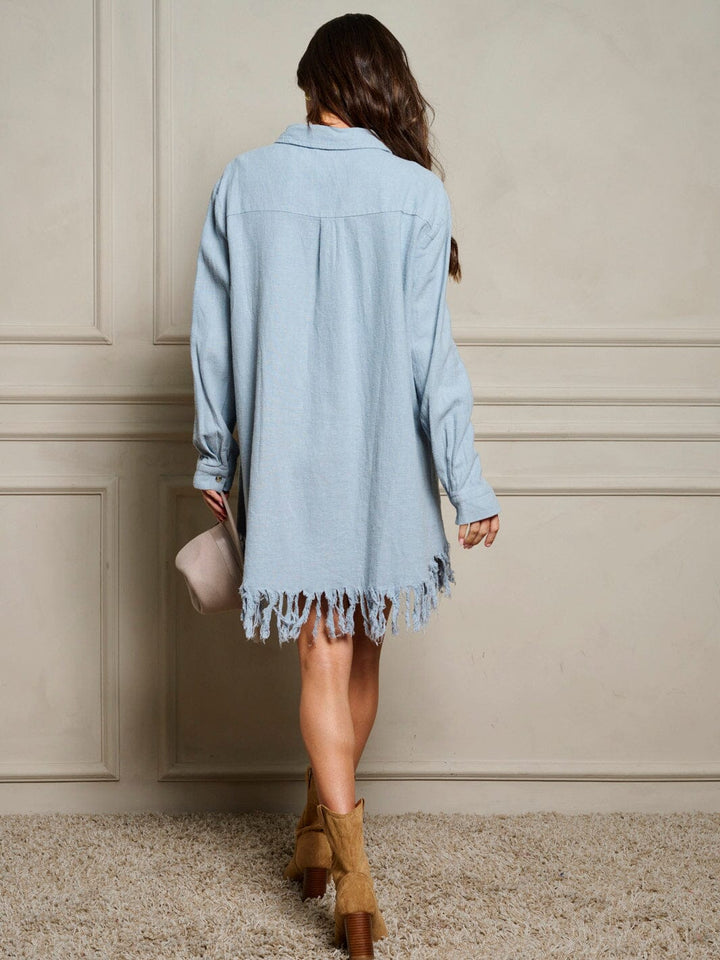 WOMEN'S LONG SLEEVE BUTTON UP FRONT POCKET TASSEL TRIM MINI DRESS