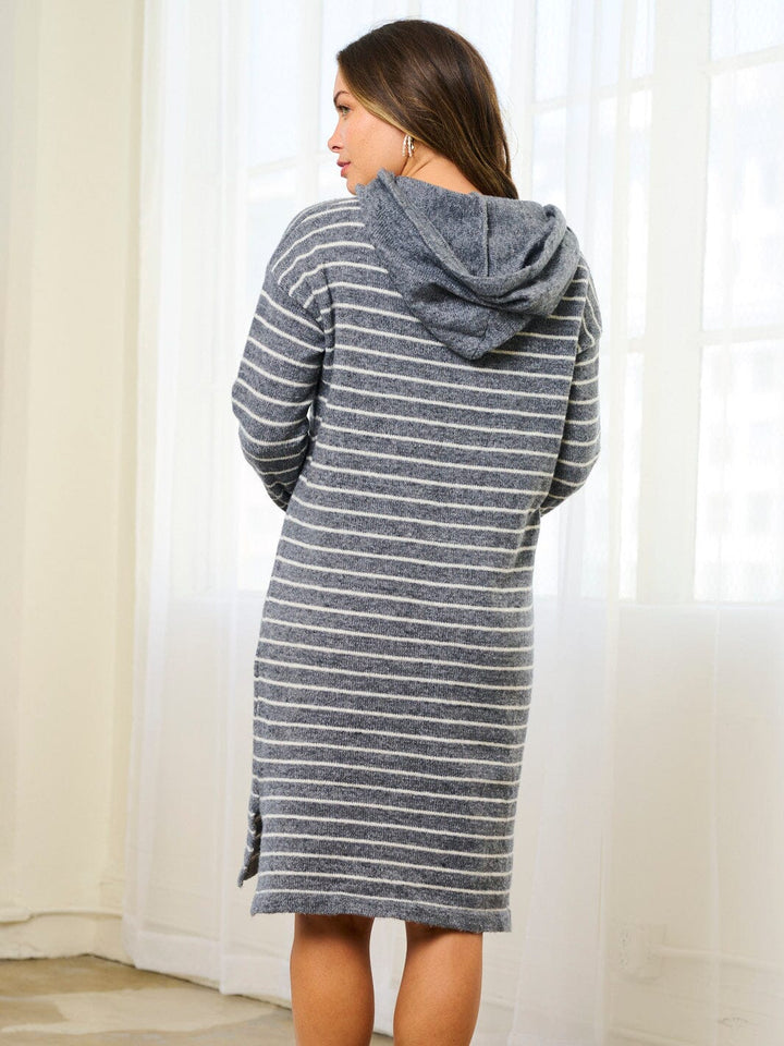 WOMEN'S LONG SLEEVE HOODIE STRIPES SWEATER MIDI DRESS