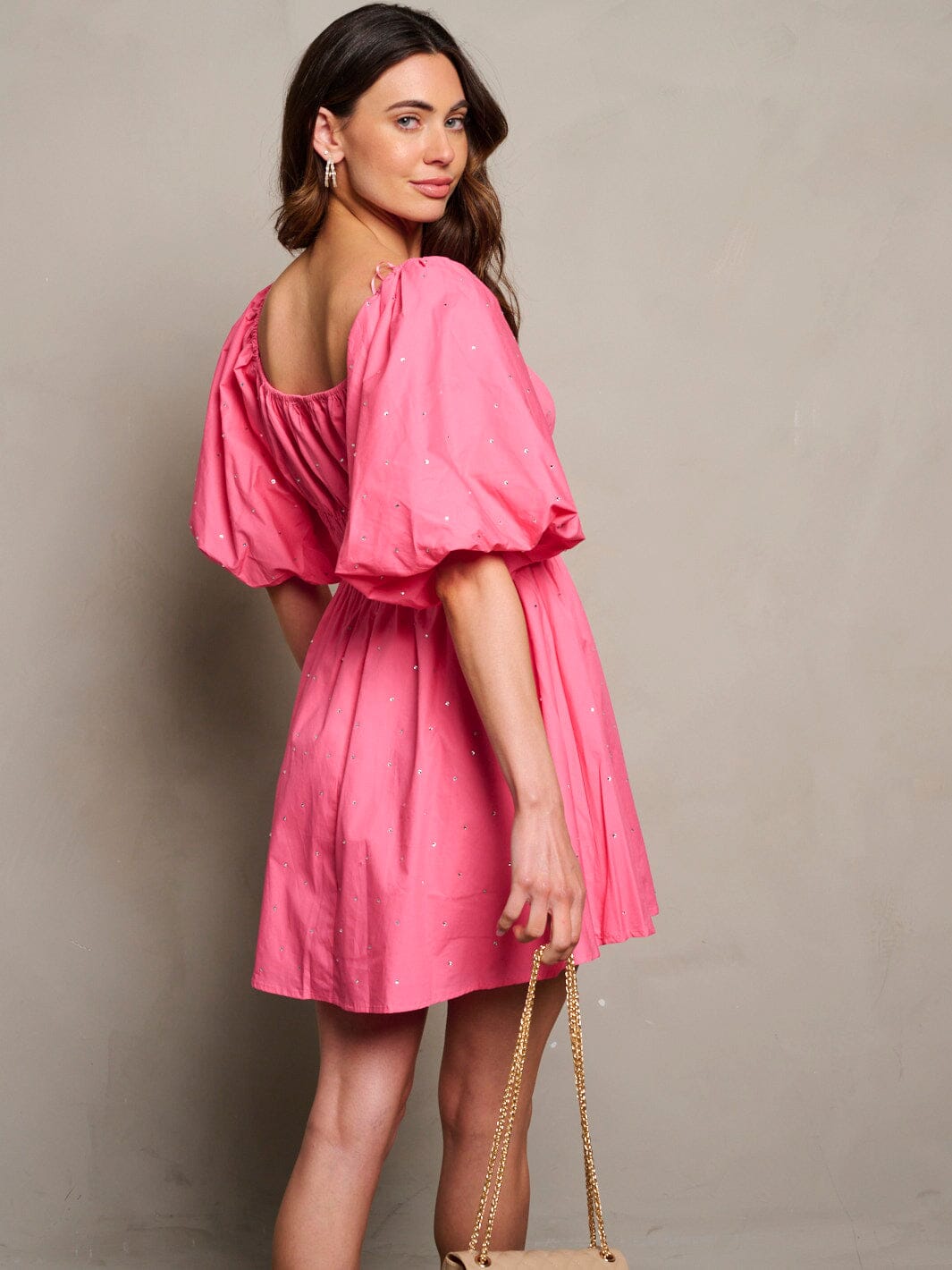 WOMEN'S SHORT PUFF SLEEVE SMOCK WAIST STUDS DETAILED MINI DRESS