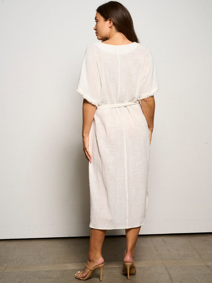 WOMEN'S SHORT SLEEVE V-NECK SELF TIE TUNIC MIDI DRESS