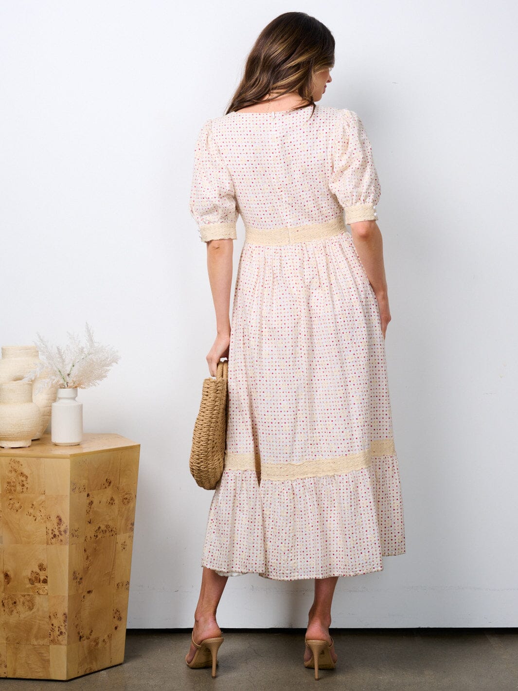 WOMEN'S SHORT PUFF SLEEVE TRIM DETAILED PRINTED MAXI DRESS