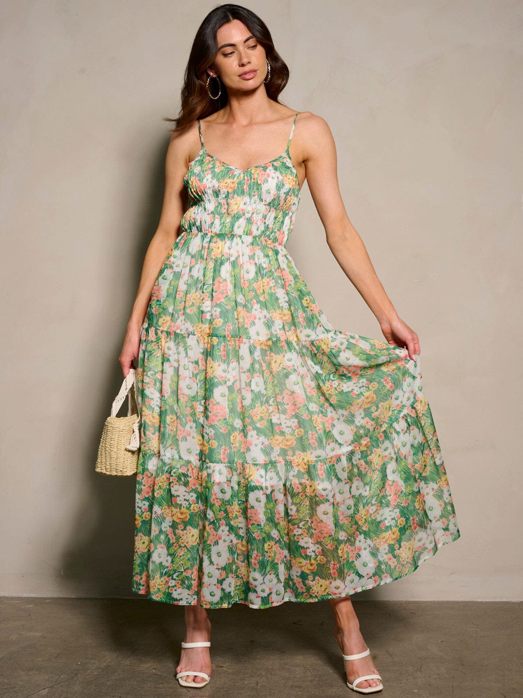 WOMEN'S SLEEVELESS SMOCK V-NECK POCKETS FLORAL PRINT MAXI DRES