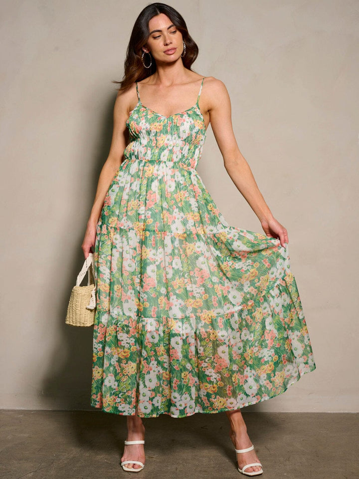 WOMEN'S SLEEVELESS SMOCK V-NECK POCKETS FLORAL PRINT MAXI DRES