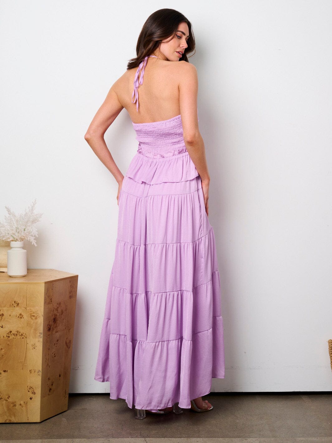 WOMEN'S SLEEVELESS HALTER NECK RUFFLE TIERED MAXI DRESS