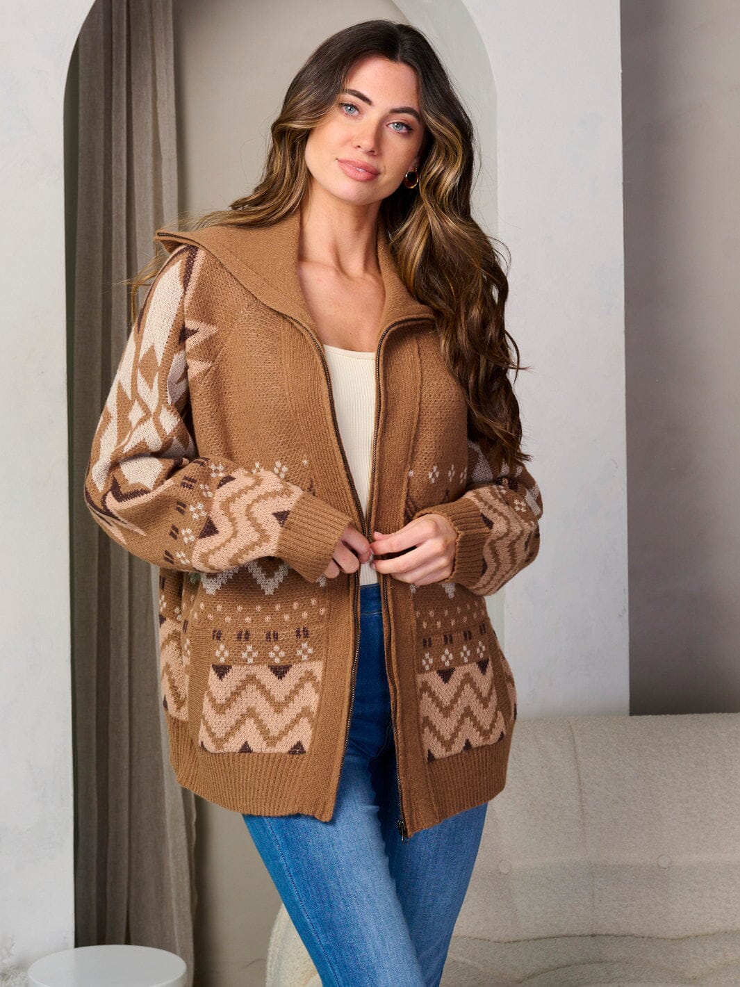 WOMEN'S LONG SLEEVE ZIP UP FRONT POCKETS MULTI PRINT SWEATER