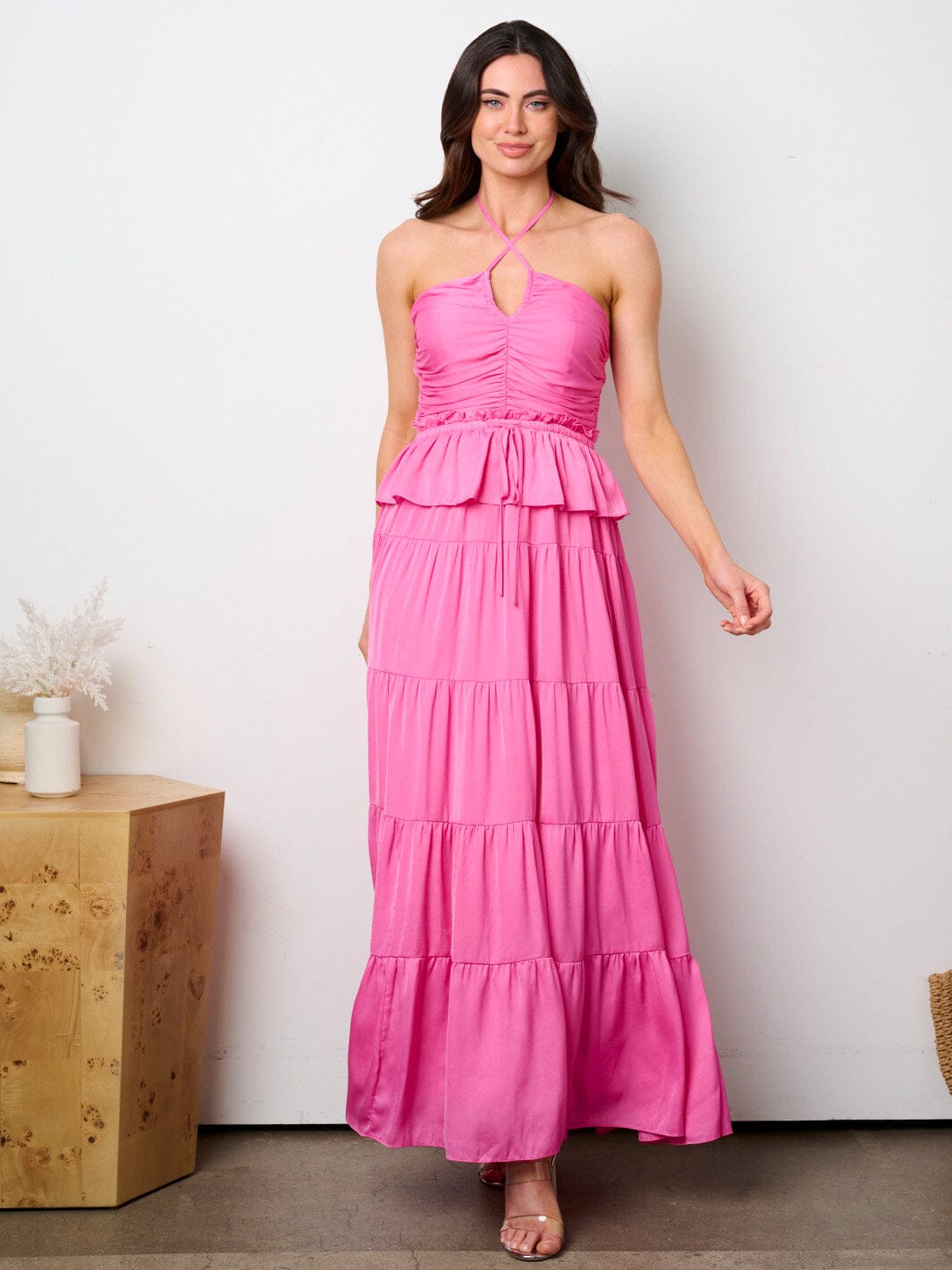 WOMEN'S SLEEVELESS HALTER NECK RUFFLE TIERED MAXI DRESS