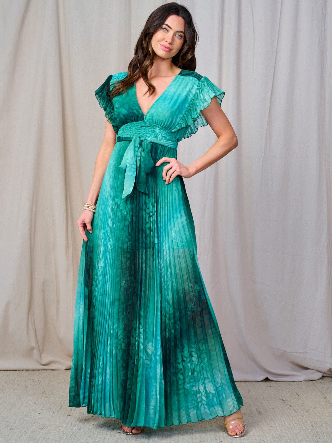 WOMEN'S SHORT SLEEVE V-NECK SMOCK PLEATED TIE DYE MAXI DRESS