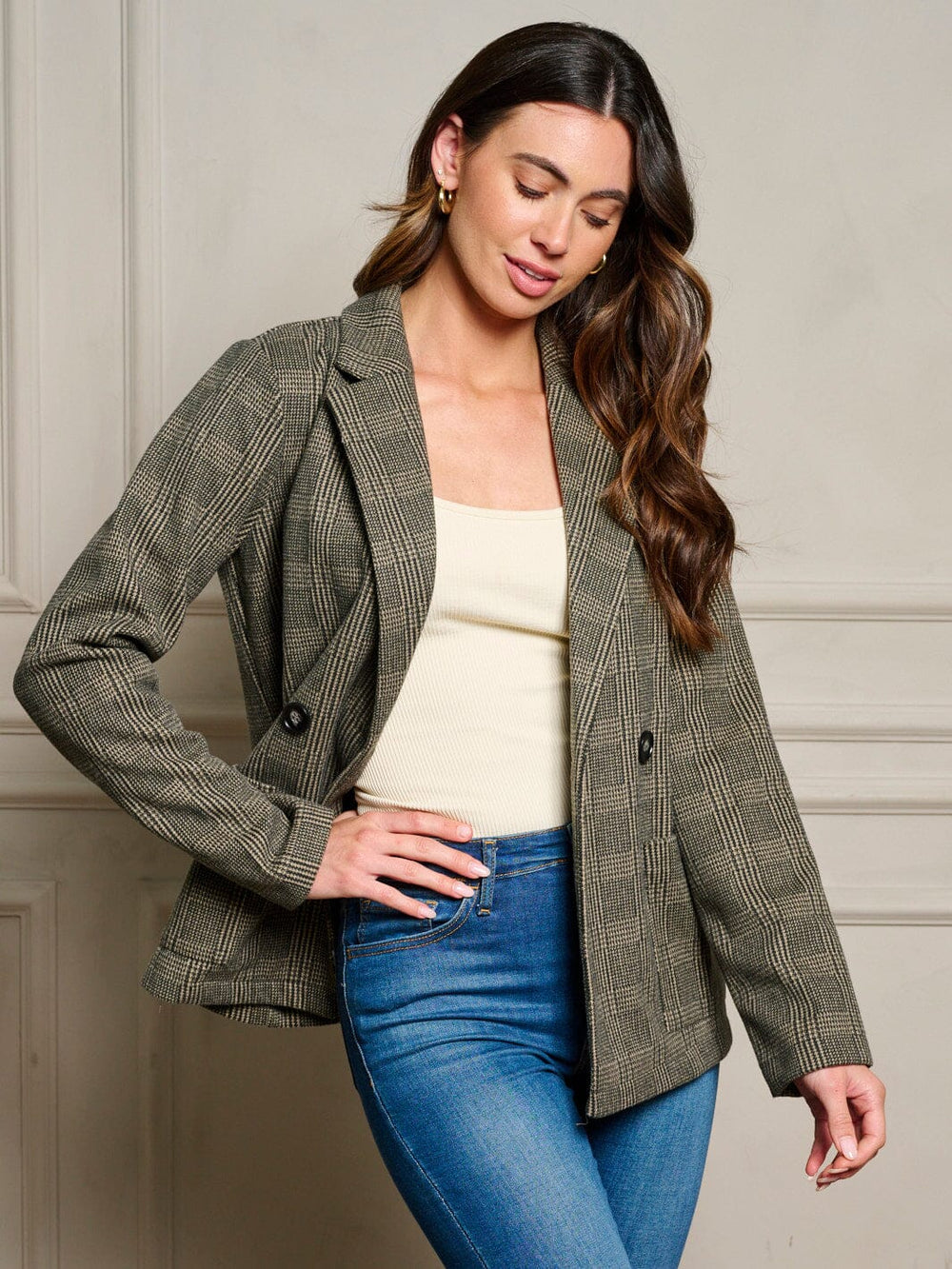 WOMEN'S LONG SLEEVE POCKETS BUTTON UP PLAID BLAZER