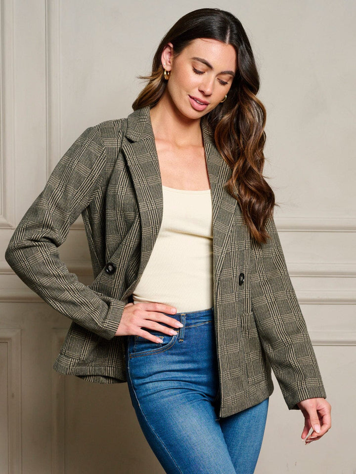 WOMEN'S LONG SLEEVE POCKETS BUTTON UP PLAID BLAZER