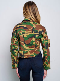 WOMEN'S LONG SLEEVE POCKETS CAMO PRINT DENIM HIGH-LOW CROP JACKET