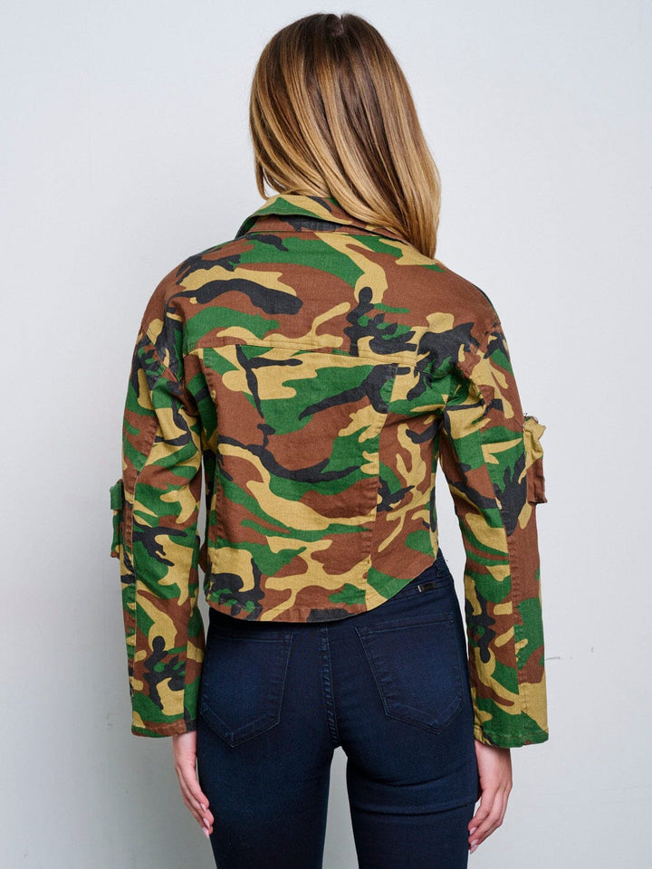 WOMEN'S LONG SLEEVE POCKETS CAMO PRINT DENIM HIGH-LOW CROP JACKET
