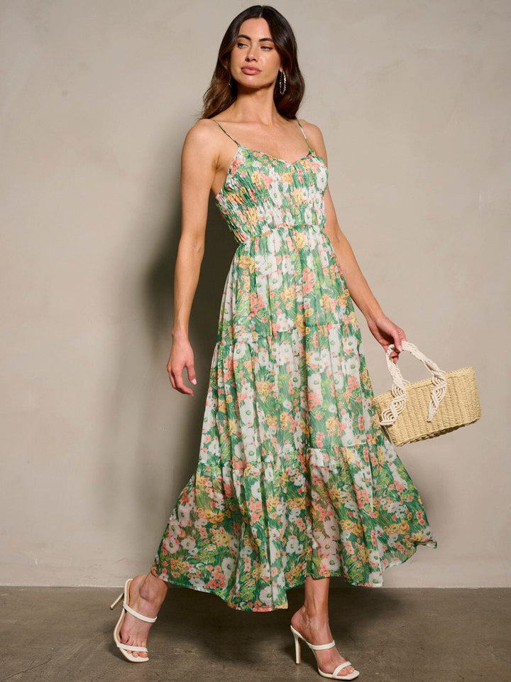 WOMEN'S SLEEVELESS SMOCK V-NECK POCKETS FLORAL PRINT MAXI DRES