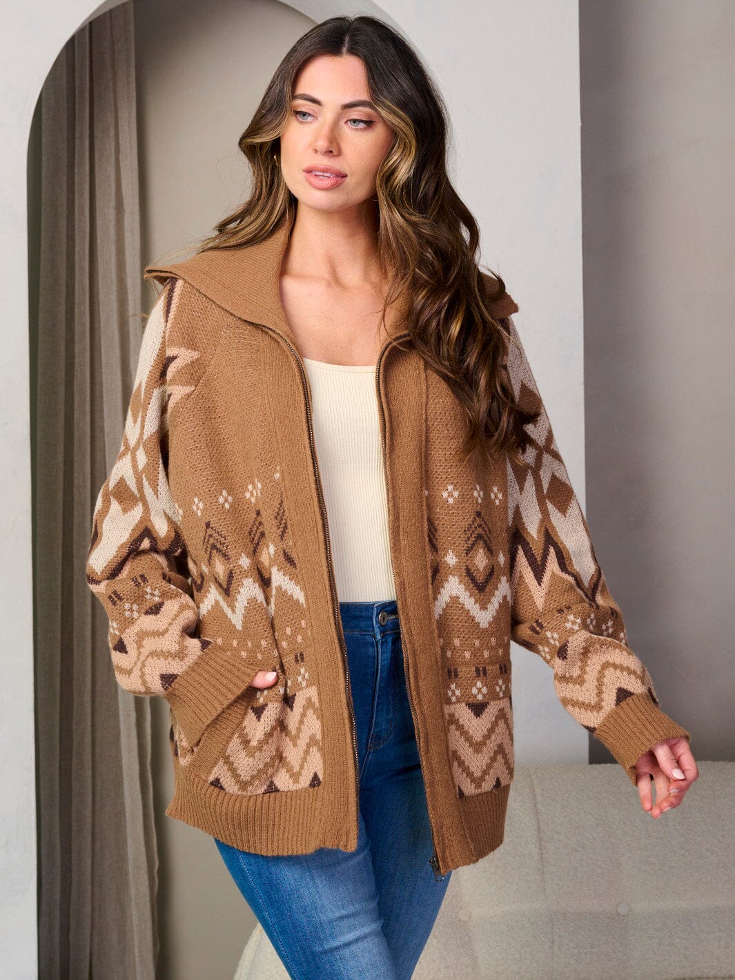 WOMEN'S LONG SLEEVE ZIP UP FRONT POCKETS MULTI PRINT SWEATER