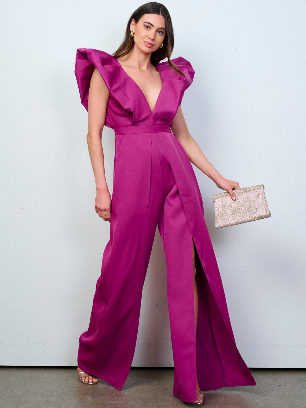 WOMEN'S RUFFLE SLEEVES V-NECK FRONT SLIT OPEN BACK WIDE LEG JUMPSUIT