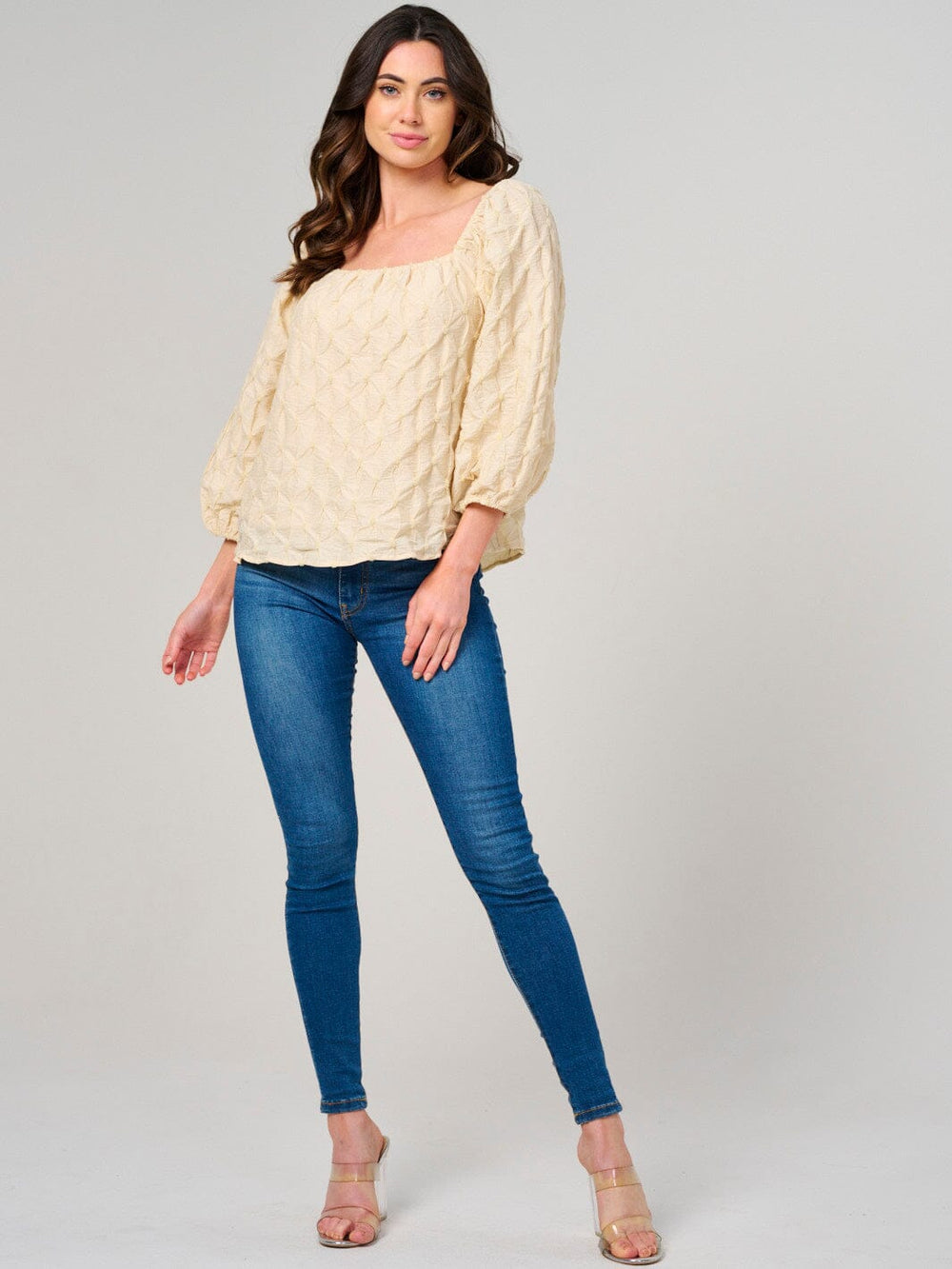 WOMEN'S 3/4 PUFF SLEEVE SQUARE NECK DETAILED BLOUSE