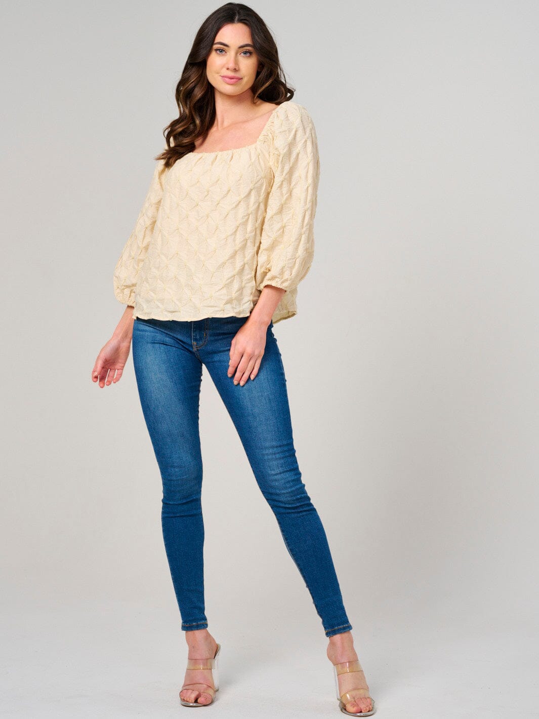 WOMEN'S 3/4 PUFF SLEEVE SQUARE NECK DETAILED BLOUSE