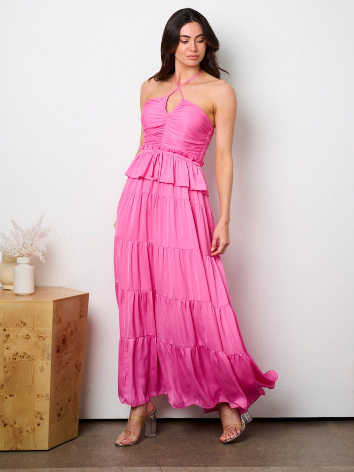 WOMEN'S SLEEVELESS HALTER NECK RUFFLE TIERED MAXI DRESS